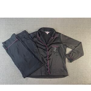 Juicy Couture Satin Pajama Set Y2K Black Silver Rhinestone PJ Size Large